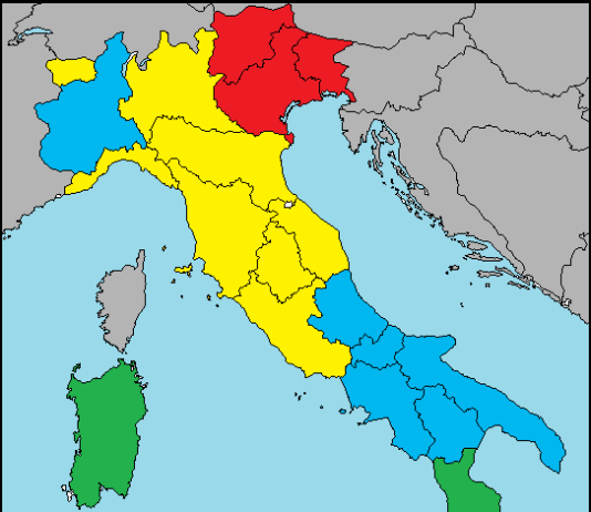 statura italia (in rosso media sopra 1,77 - in giallo tra 1,75 e 1,77, in blu tra 1,73 e 1,75, in verde sotto 1,73)